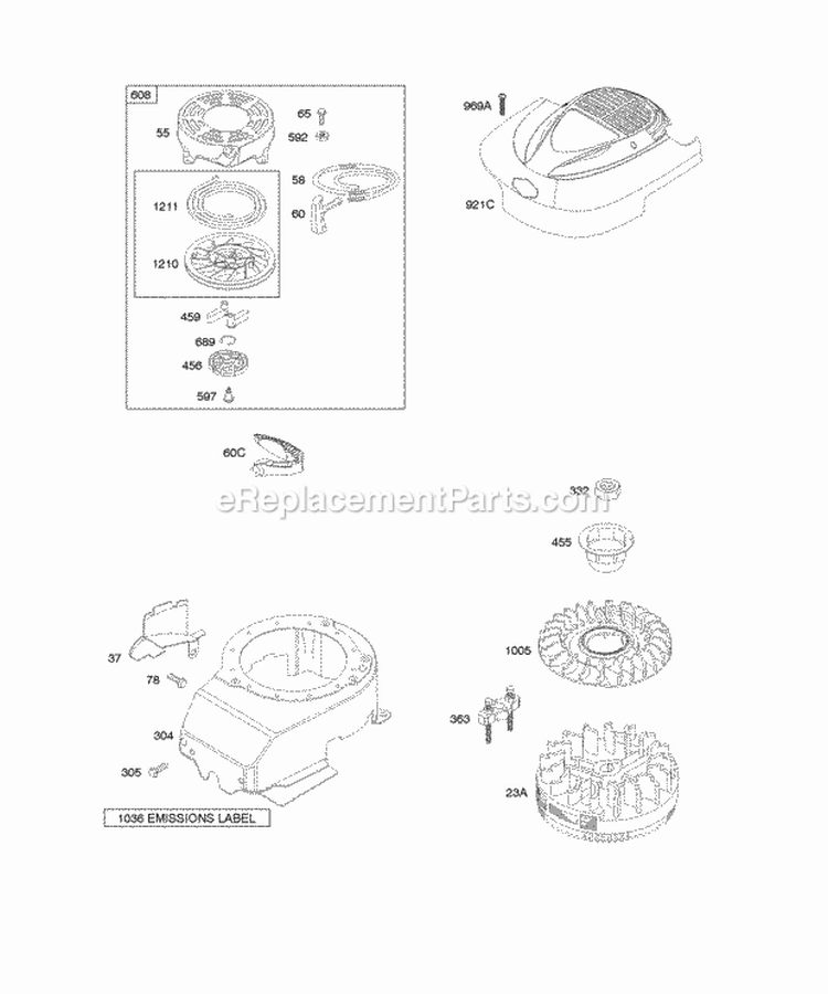Blower HousingShrouds Flywheel Rewind Starter Diagram and Parts List for 12X812-0121-B1  Briggs and Stratton Engine